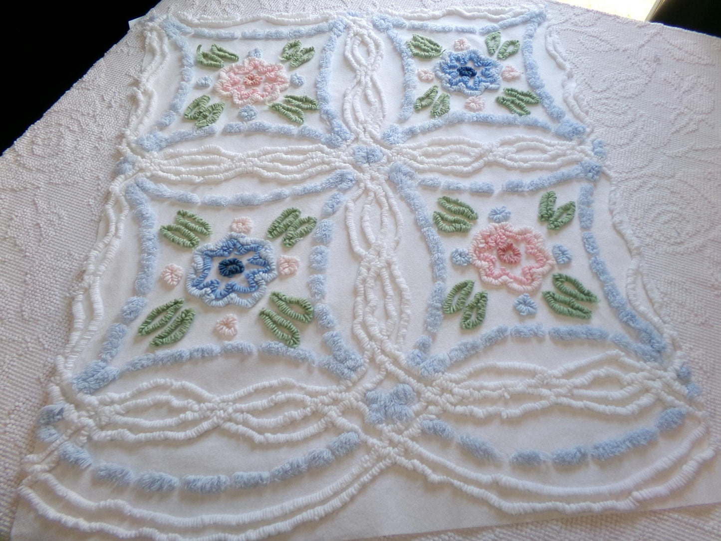 Shabby Cottage Chic Vintage Chenille Fabric, 25" x 21" Piece of White Pink Blue Floral Cotton Sewing Material, Upcycle into Pillows, Quilts