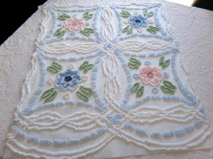 Shabby Cottage Chic Vintage Chenille Fabric, 25" x 21" Piece of White Pink Blue Floral Cotton Sewing Material, Upcycle into Pillows, Quilts