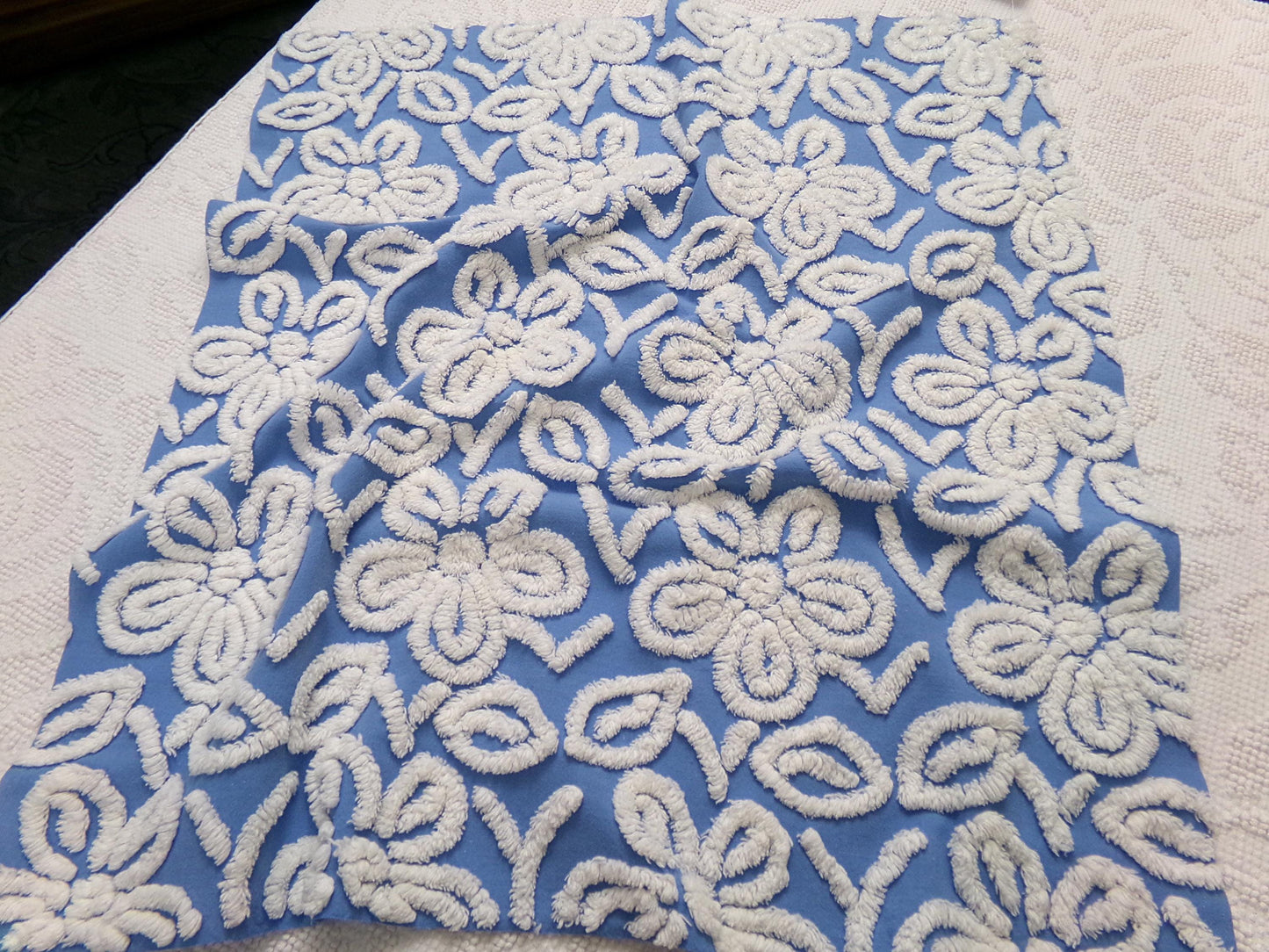 Daisy Dance Vintage Chenille Bedspread Fabric, Blue & White Floral Quilt Material 20" x 23" Piece