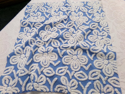 Daisy Dance Vintage Chenille Bedspread Fabric, Blue & White Floral Quilt Material 20" x 23" Piece
