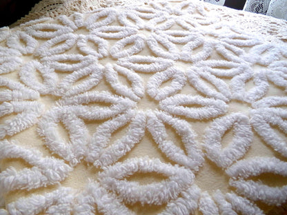 Vintage Chenille Fabric Piece, Gentle Golden Yellow & White Daisy, 24" x 20" inches, Pretty in Quilts, Pillows, Doll Blankets