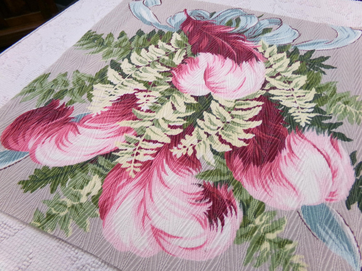 Vintage Barkcloth Style Fabric Dimensional Feather Ferns Rayon Texture, 19x19"