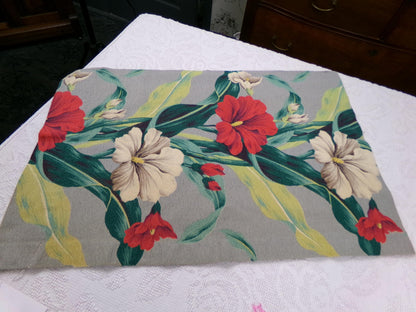 Hawaiian Barkcloth Vintage Fabric, Gray Tropical Red Hibiscus Floral Mid-Century 27" x 18"