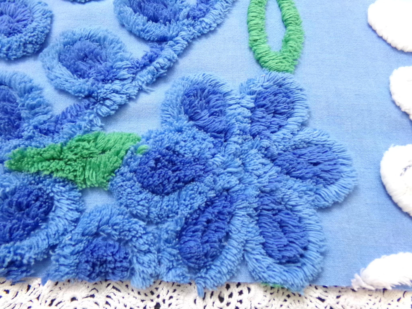 Vintage Midnight Blue Chenille Bedspread Fabric Abstract Celestial Florals 24x25"