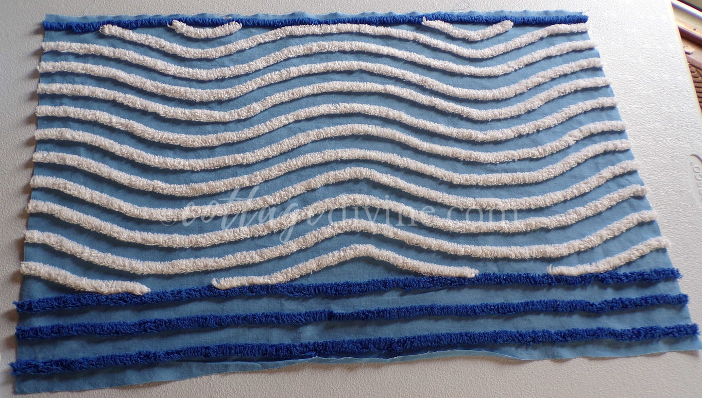Gentle Waves Vintage Chenille Quilt Fabric, 26" x 16.5" Piece, 100% Cotton White Tufting on Blue