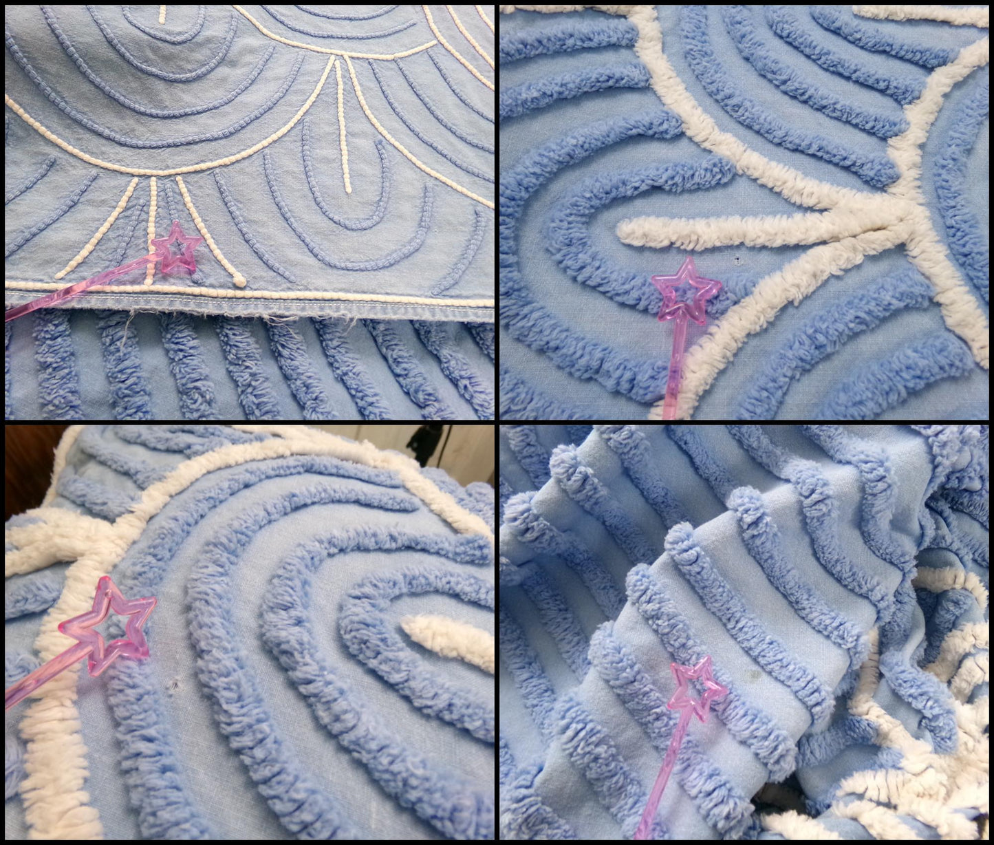White & Blue Vintage Chenille Bedspread, Tidal Waves, Full Sz Shabby Seaside Cottage Style