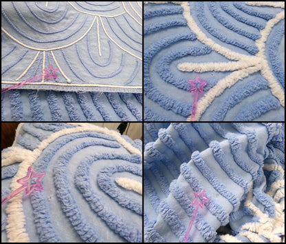 White & Blue Vintage Chenille Bedspread, Tidal Waves, Full Sz Shabby Seaside Cottage Style