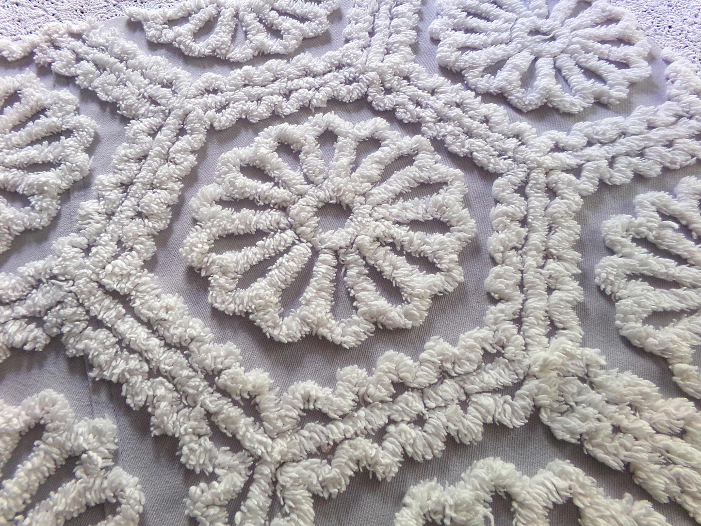 lavender mist cottage style chenille fabric, plush white ruffle daisies, 17" x 26" piece of vintage sewing material for quilting, fiber arts