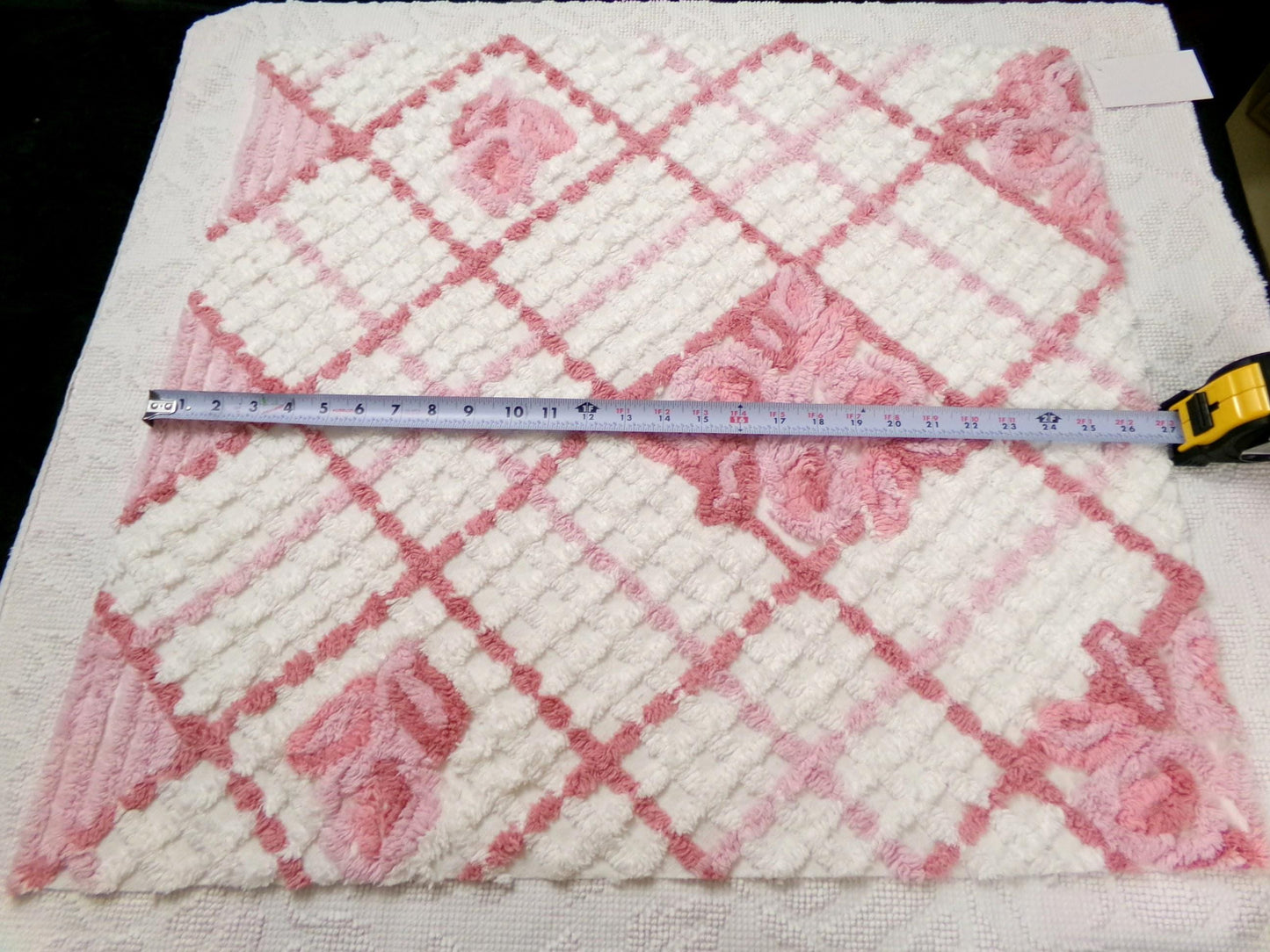 pink & white vintage chenille fabric, geometric rose floral design, 23" x 26" piece sewing material