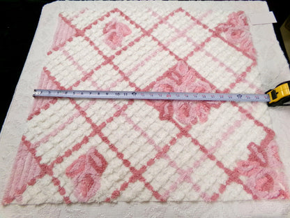 pink & white vintage chenille fabric, geometric rose floral design, 23" x 26" piece sewing material