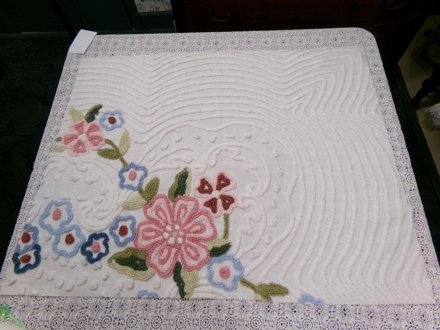 Vintage White Chenille Fabric 29x23" Garden Floral Bouquet