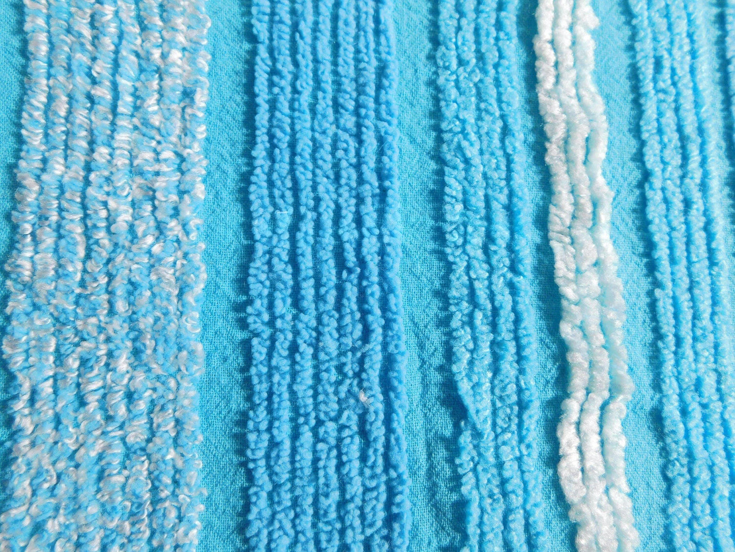 mermaid blue vintage chenille fabric, bright variegated multisize stripes, 20" x 24" piece of sewing material