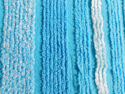 mermaid blue vintage chenille fabric, bright variegated multisize stripes, 20" x 24" piece of sewing material
