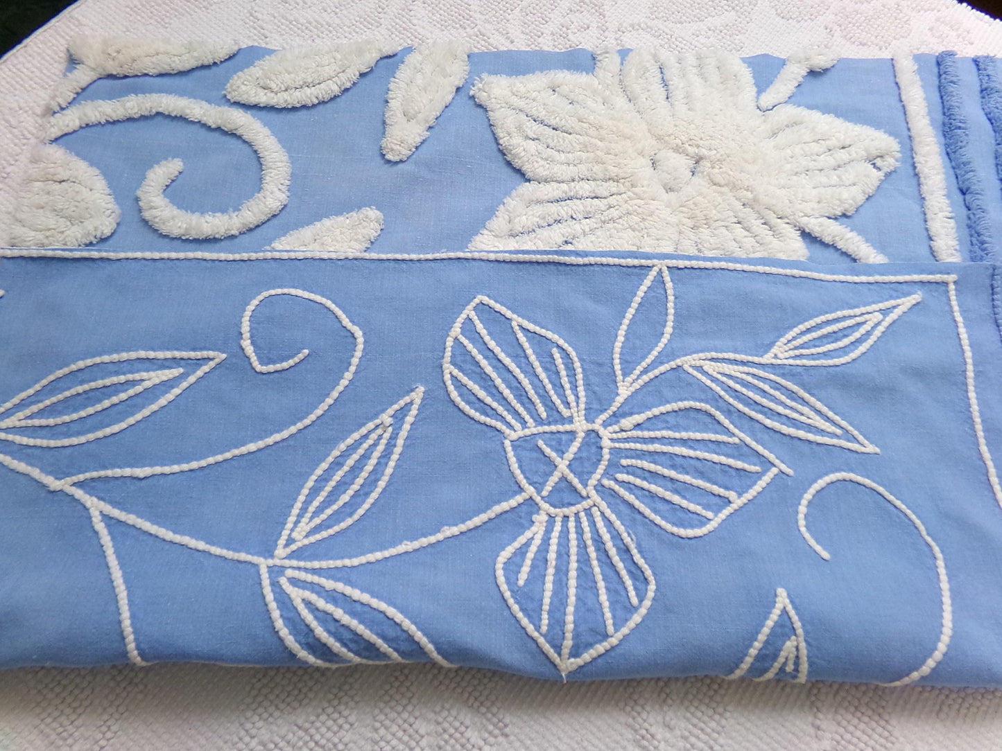 botanical blue vintage chenille fabric, super plush white florals, 21" x 23" piece sewing material
