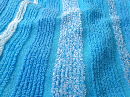mermaid blue vintage chenille fabric, bright variegated multisize stripes, 20" x 24" piece of sewing material