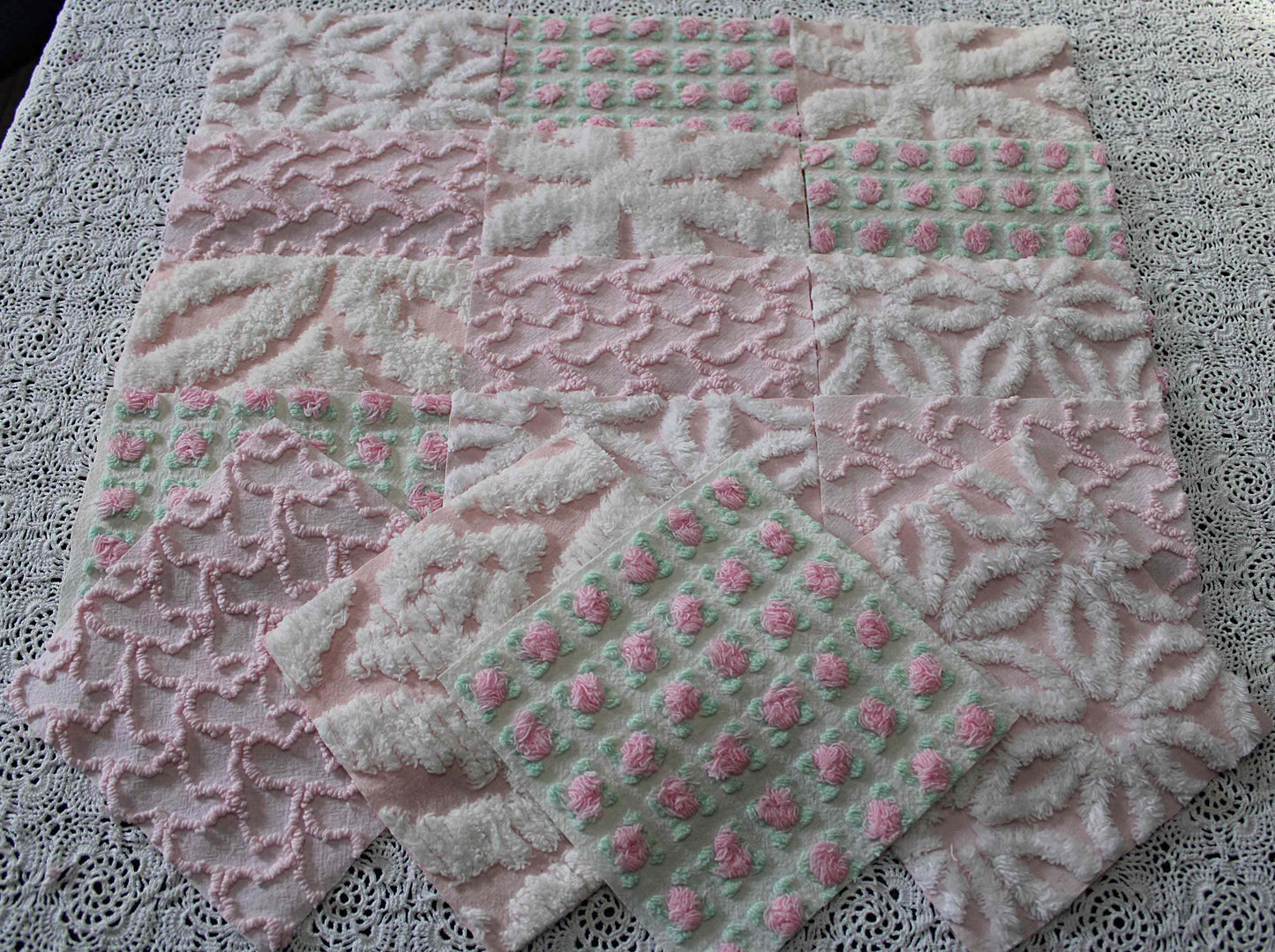 fairy pink chenille fabric squares, cottage rosebud & daisy, 16 vintage quilt blocks 6" x 6" inch, for patchwork pillows, quilting, crafts