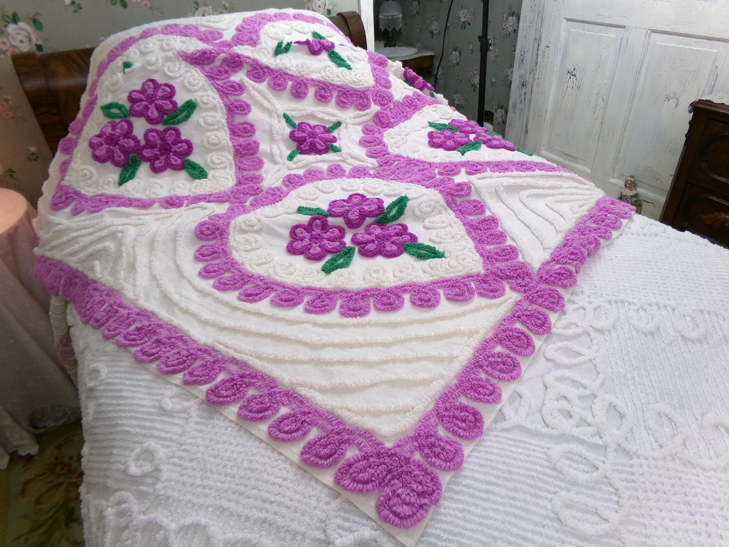 Vintage Chenille Bedspread Violets in Snow Heart Scrollwork White Cottage Bedding, FULL