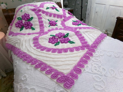 Vintage Chenille Bedspread Violets in Snow Heart Scrollwork White Cottage Bedding, FULL