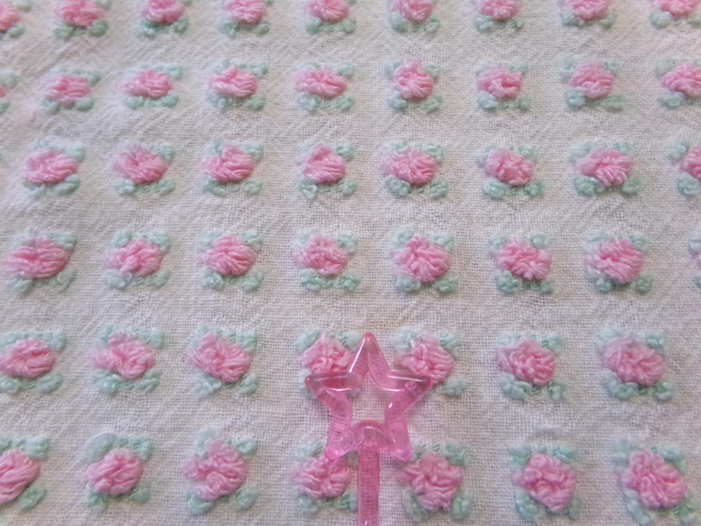 Shabby Tiny Tuft Pink Rosebud Vintage Chenille Fabric, Mini Rose Pattern, 20" x 12"