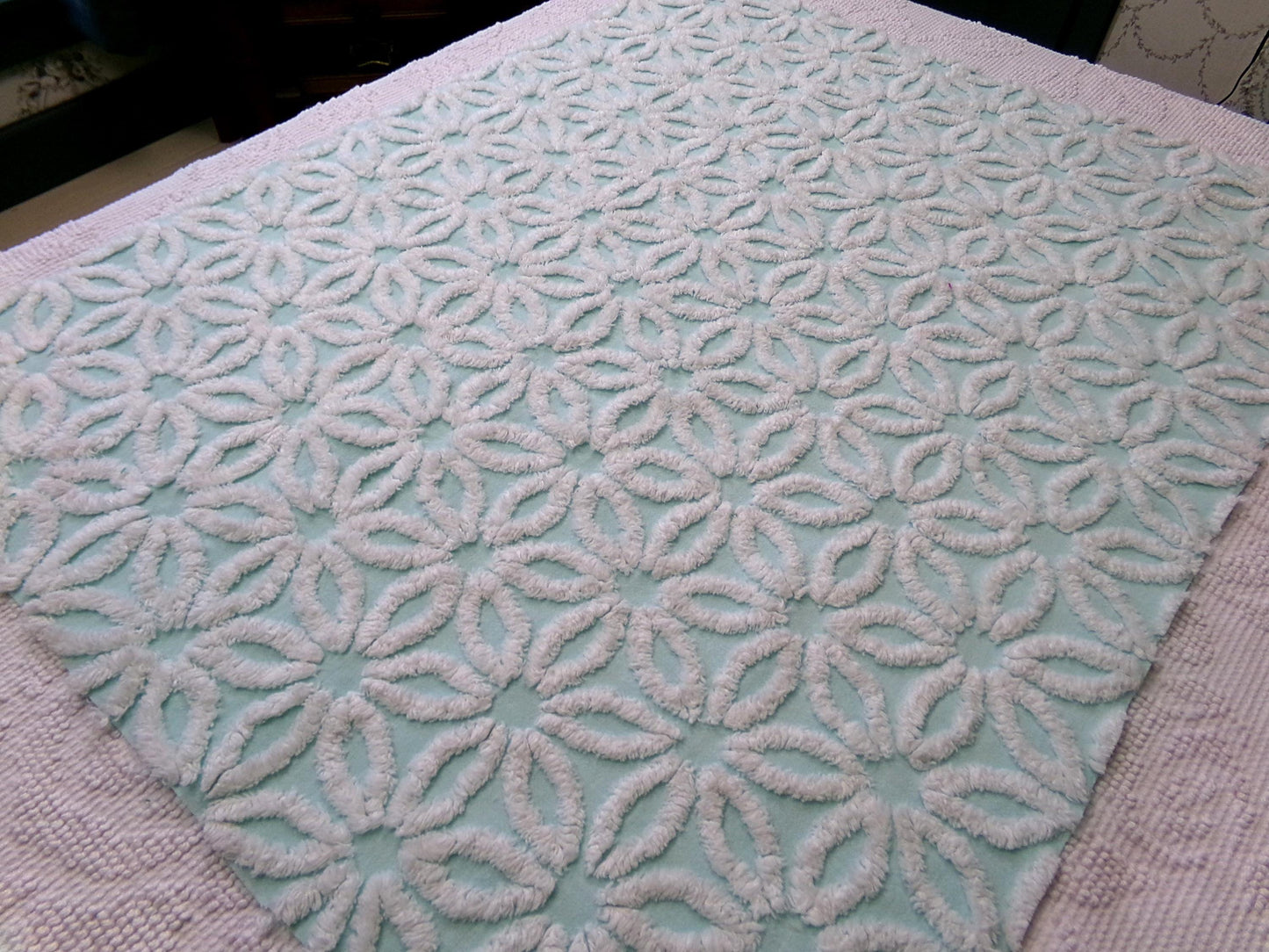 aqua & white daisy vintage chenille fabric, 20" x 24" piece of cottage style sewing quilt material