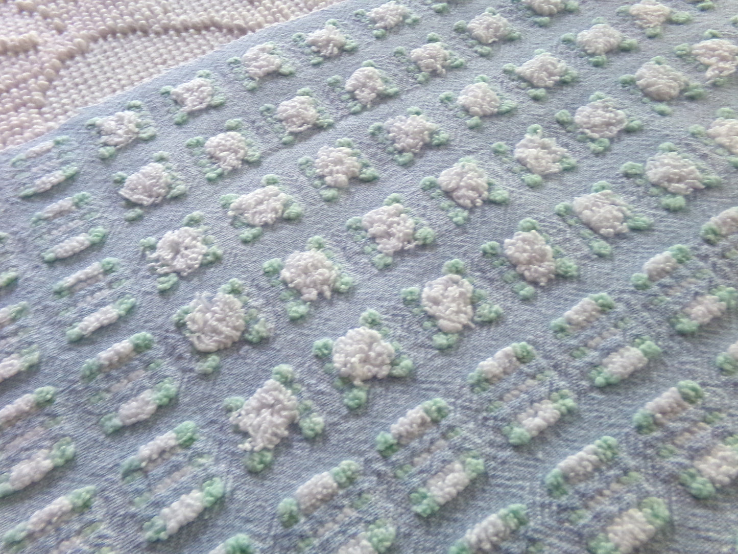 White Rosebud Vintage Chenille FABRIC, Phantom Morgan Jones Blue Terrace Roses, 24" x 18.5" inch Piece, Beautiful in Quilts