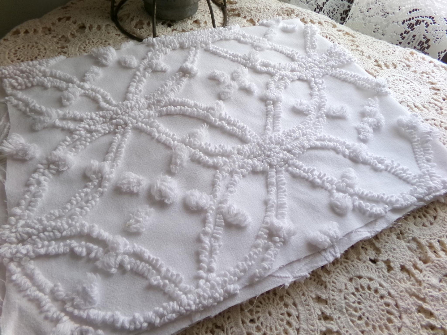 timeless white vintage chenille fabric, classic wedding ring & pop design, 18" x 24" piece of sewing, craft, quilt material