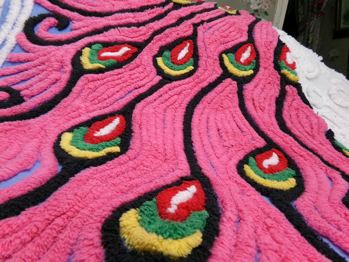 Pink Peacock Vintage Chenille Fabric, exotic tail feathers, sewing craft quilt material 17" x 23" piece