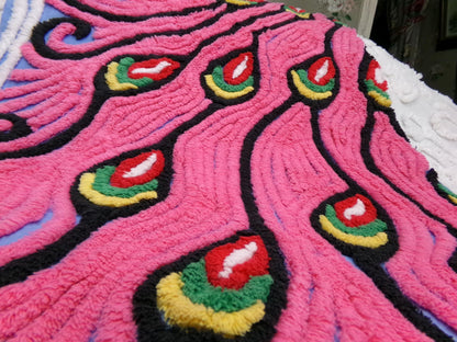 Pink Peacock Vintage Chenille Fabric, exotic tail feathers, sewing craft quilt material 17" x 23" piece