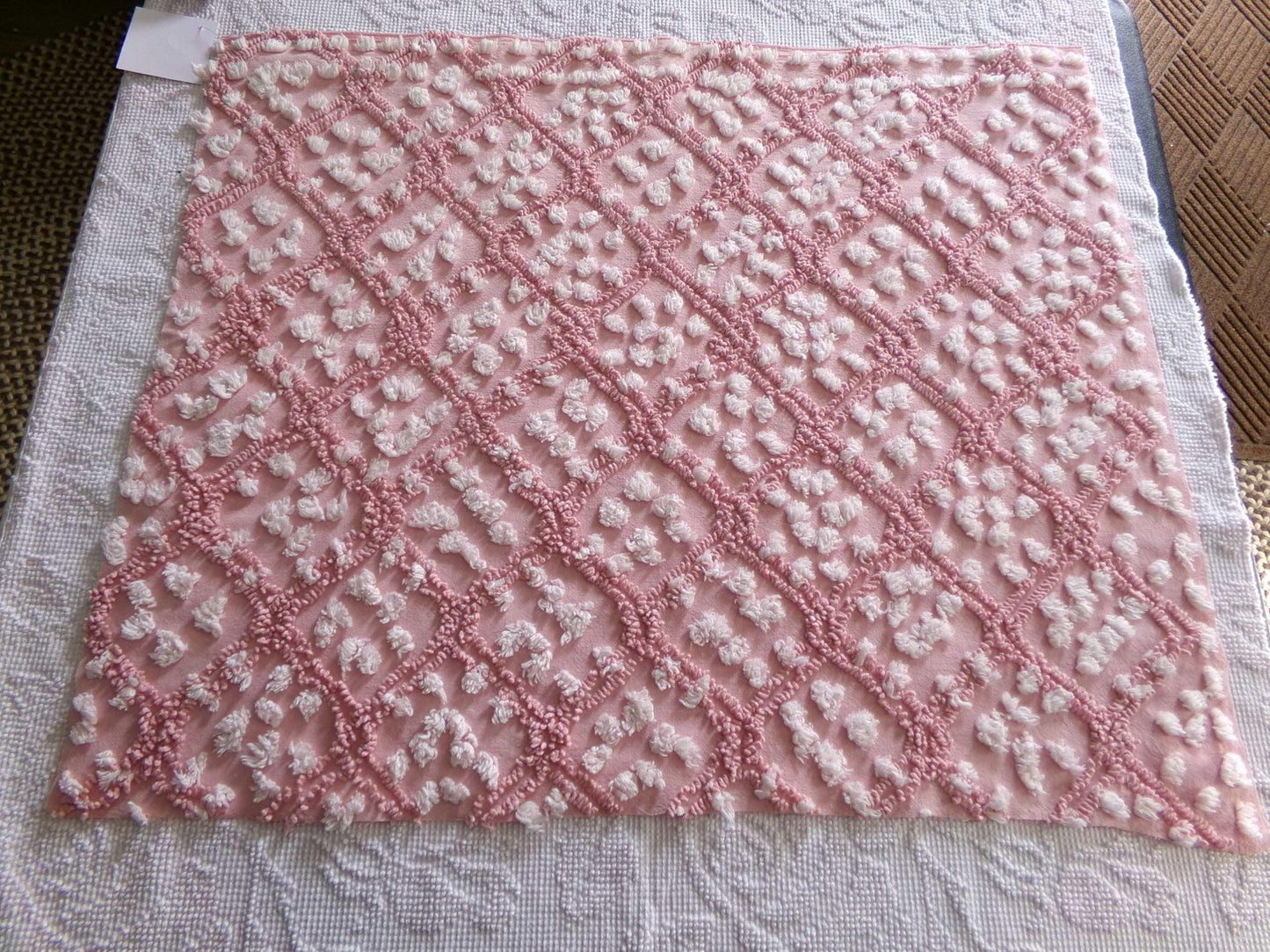 rose pink vintage chenille fabric, tumbling block mauve & white geometric design, 28" x 22" piece sewing material