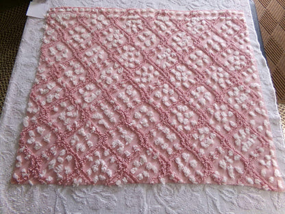 rose pink vintage chenille fabric, tumbling block mauve & white geometric design, 28" x 22" piece sewing material