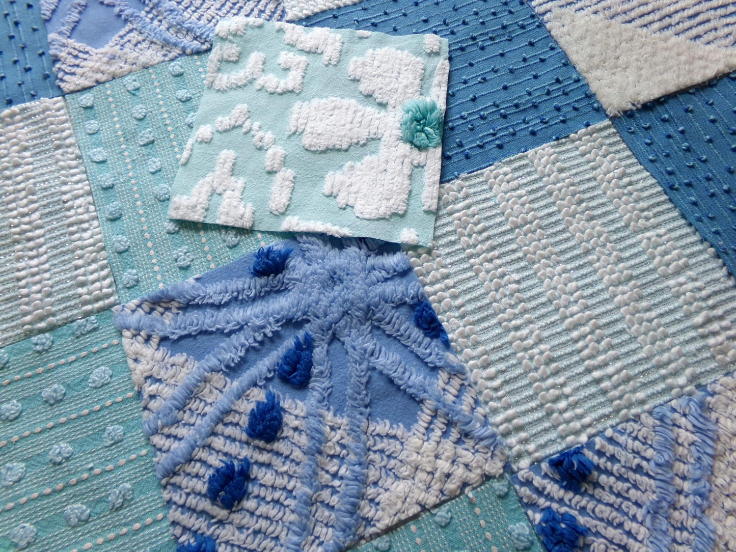 coastal fresh vintage chenille fabric squares, set of 17 blue & aqua 6" quilt blocks for sewing