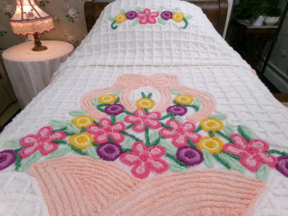 Basket of Happiness Vintage Chenille Bedspread Cheerful Cottage Hearts, Full Size