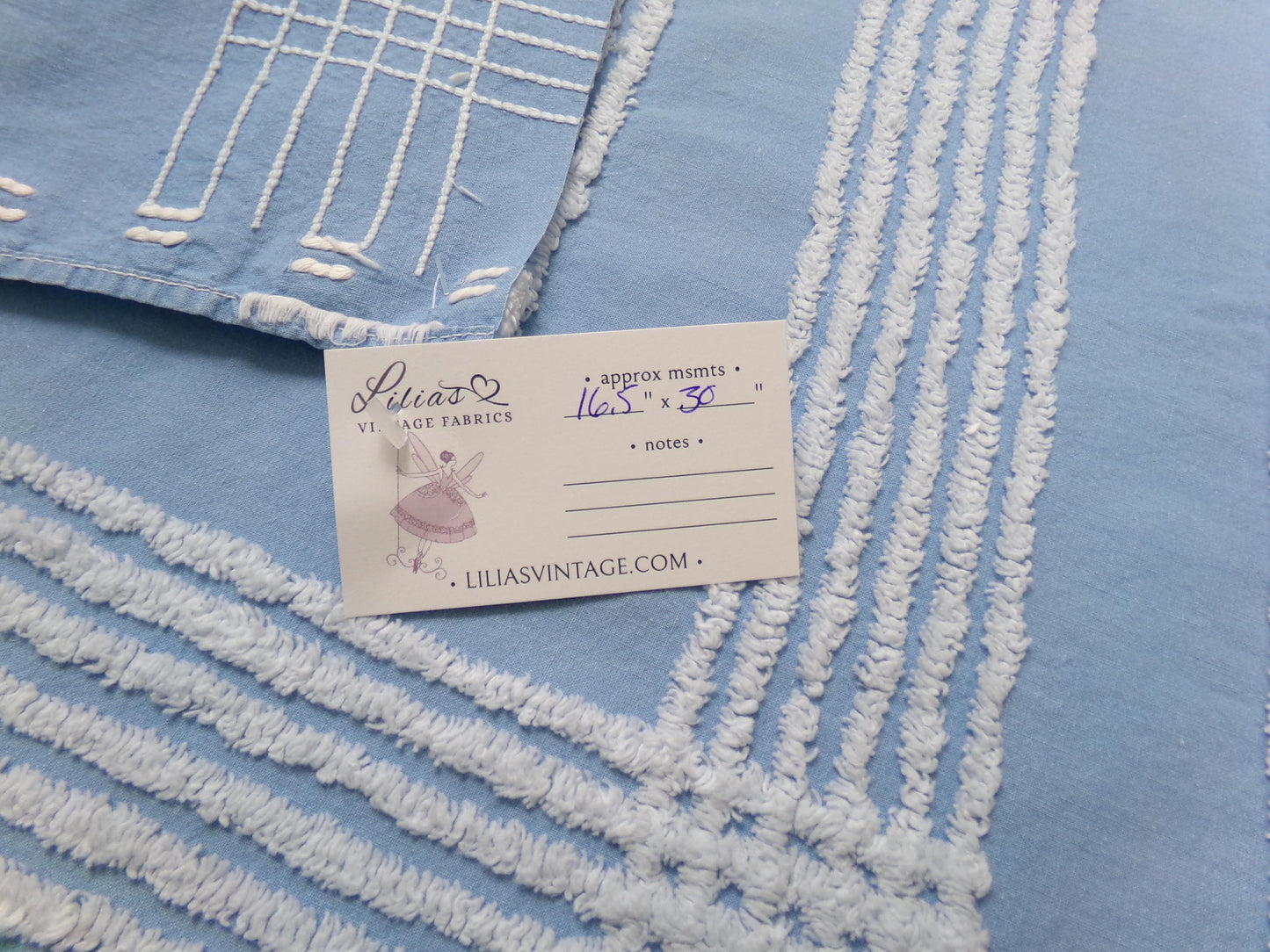 Sky Blue Vintage Chenille Fabric White Geometric Quilt Sewing Material 16.5" x 30"