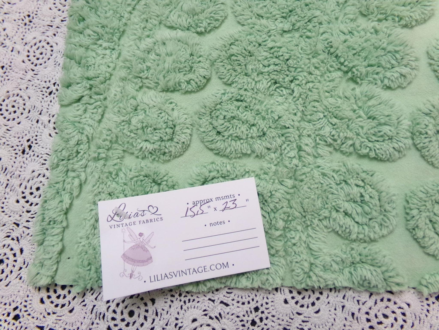 Mint Green Ice Cream Vintage Chenille Fabric 15.5x23" curlicue swirl pattern