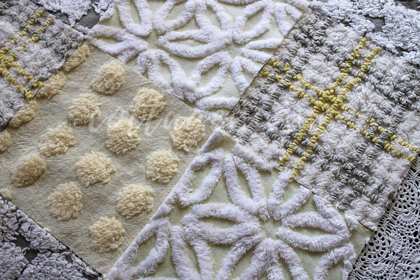 vintage chenille quilt squares, sunshine through clouds, set of 16 grey, white & yellow 6" geometric quilt blocks