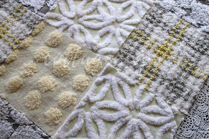 vintage chenille quilt squares, sunshine through clouds, set of 16 grey, white & yellow 6" geometric quilt blocks