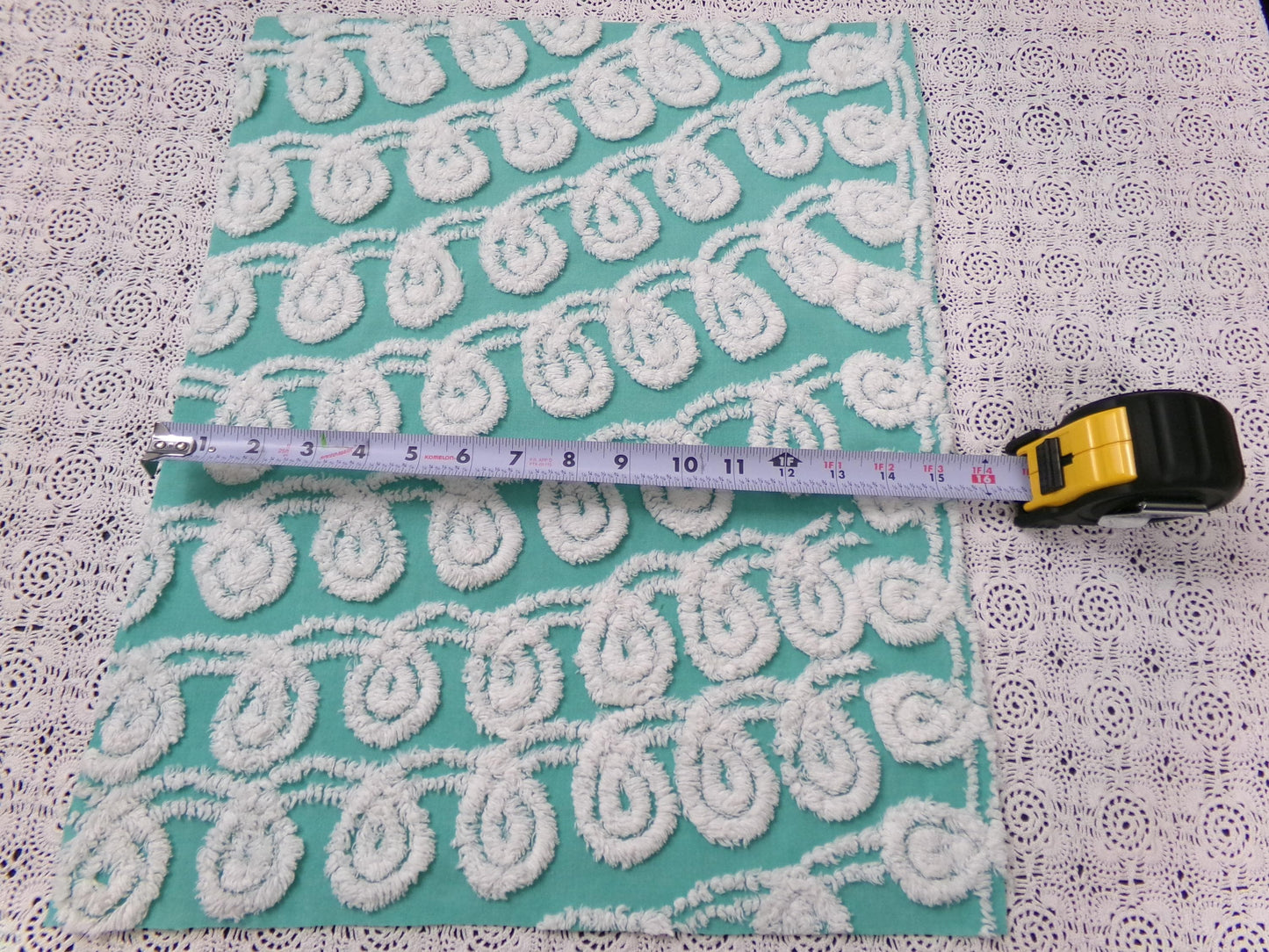 Soothing White Curly Loops Jade Vintage Chenille Bedspread Fabric 15" x 19" Piece