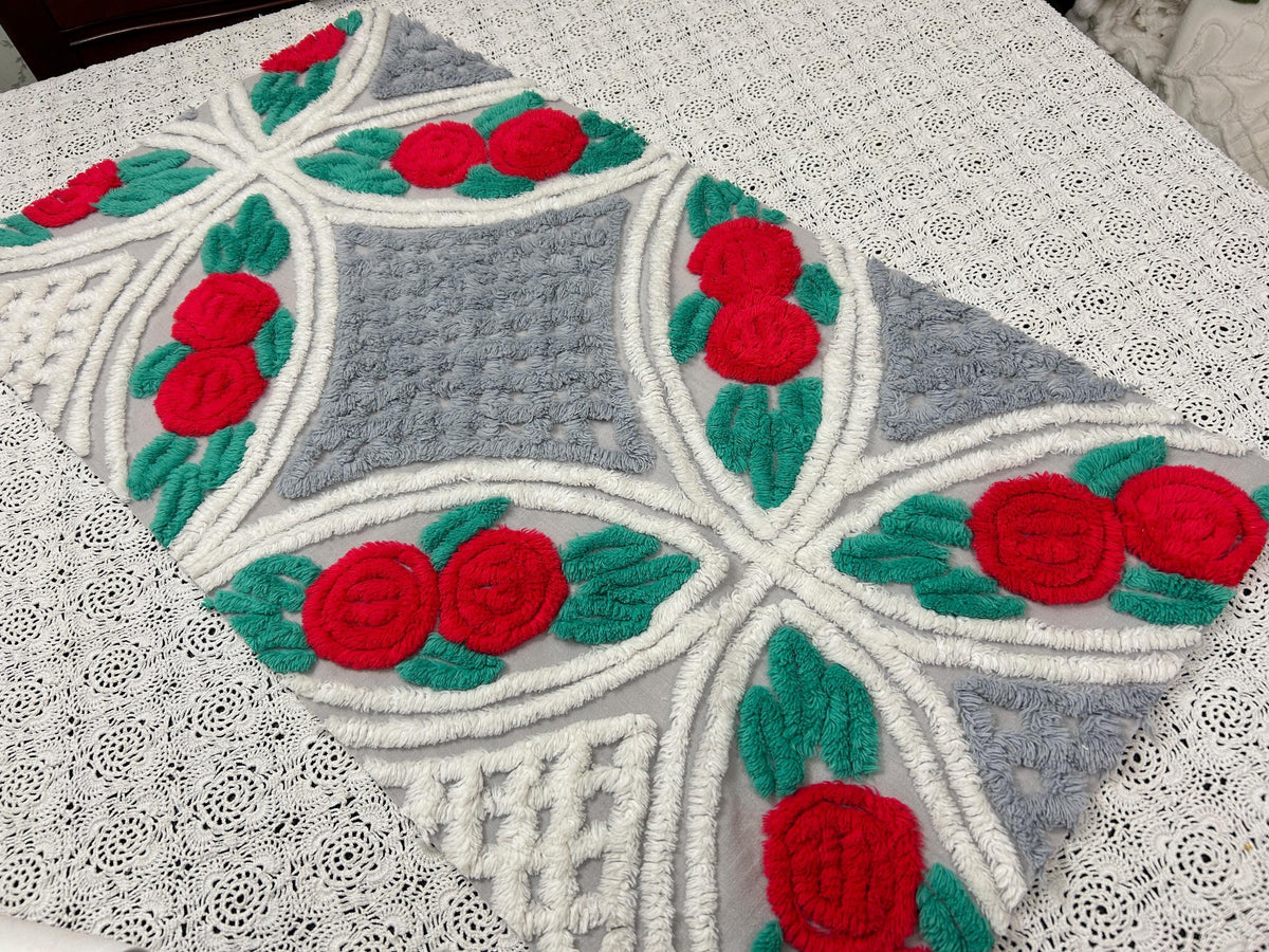 Red Rose Vintage Chenille Fabric, Dove Grey & White 15x28" Craft Piece