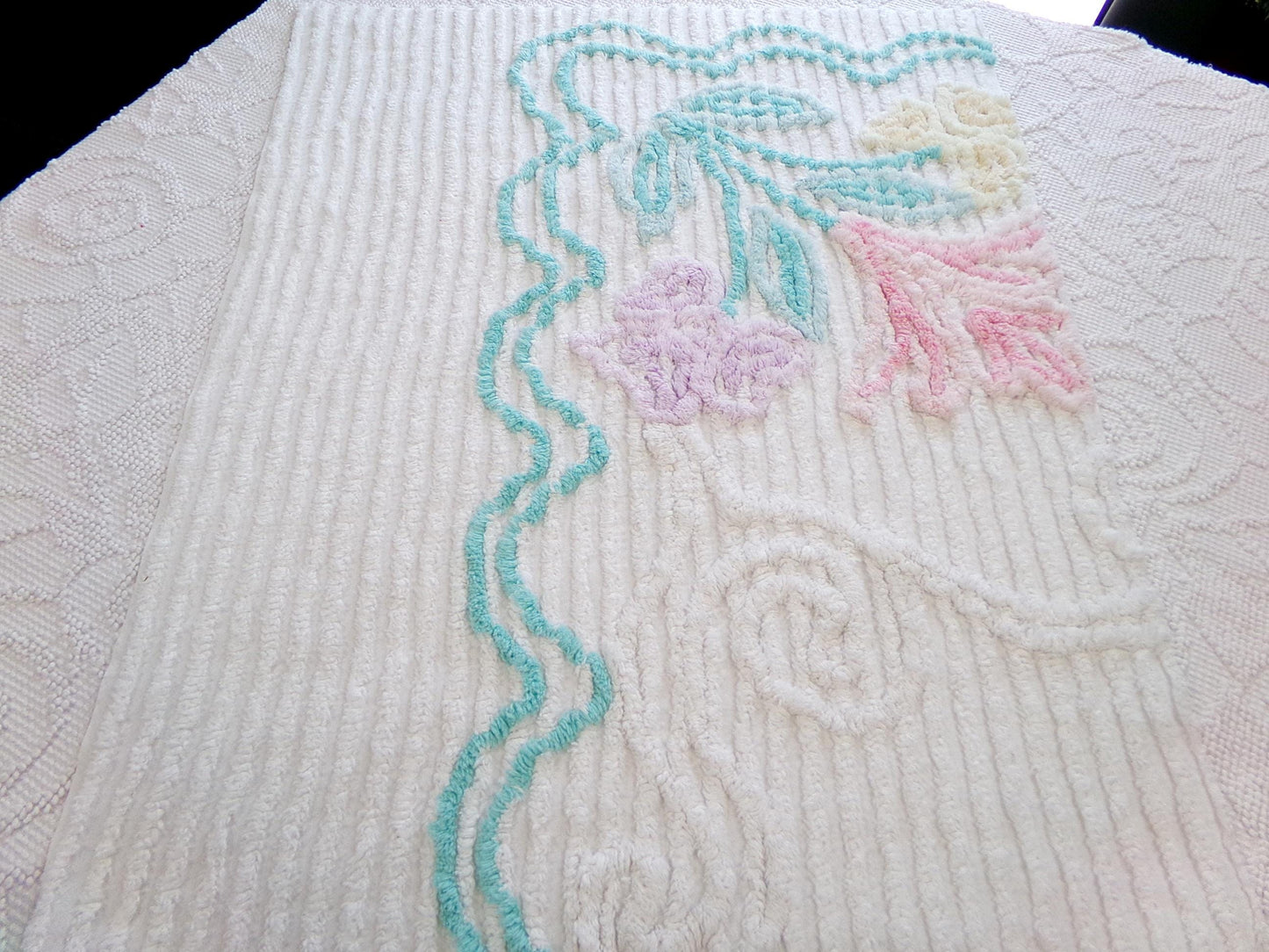 Pastel Floral Vintage Chenille Bedspread Fabric, Cottage Chic Design 18" x 24" piece sewing material