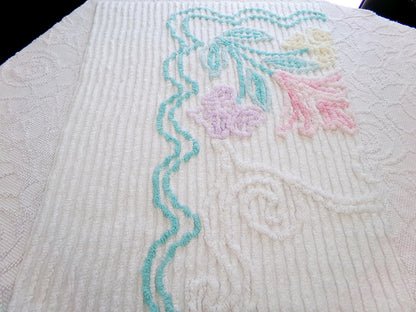 Pastel Floral Vintage Chenille Bedspread Fabric, Cottage Chic Design 18" x 24" piece sewing material