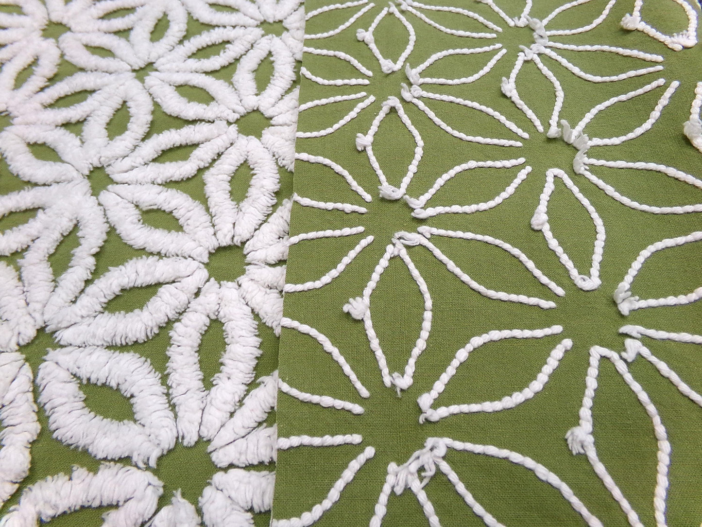 Boho Green Daisy Vintage Chenille Fabric 18x24" Quilt Material
