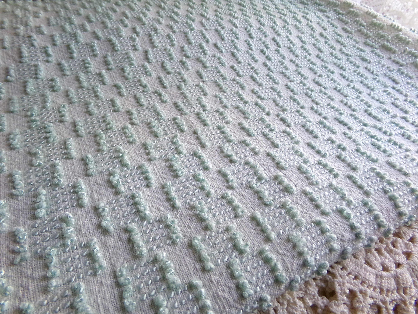 sage green vintage chenille fabric, mini ladder textured design, 18" x 24" inch piece of quilt material for sewing & crafts