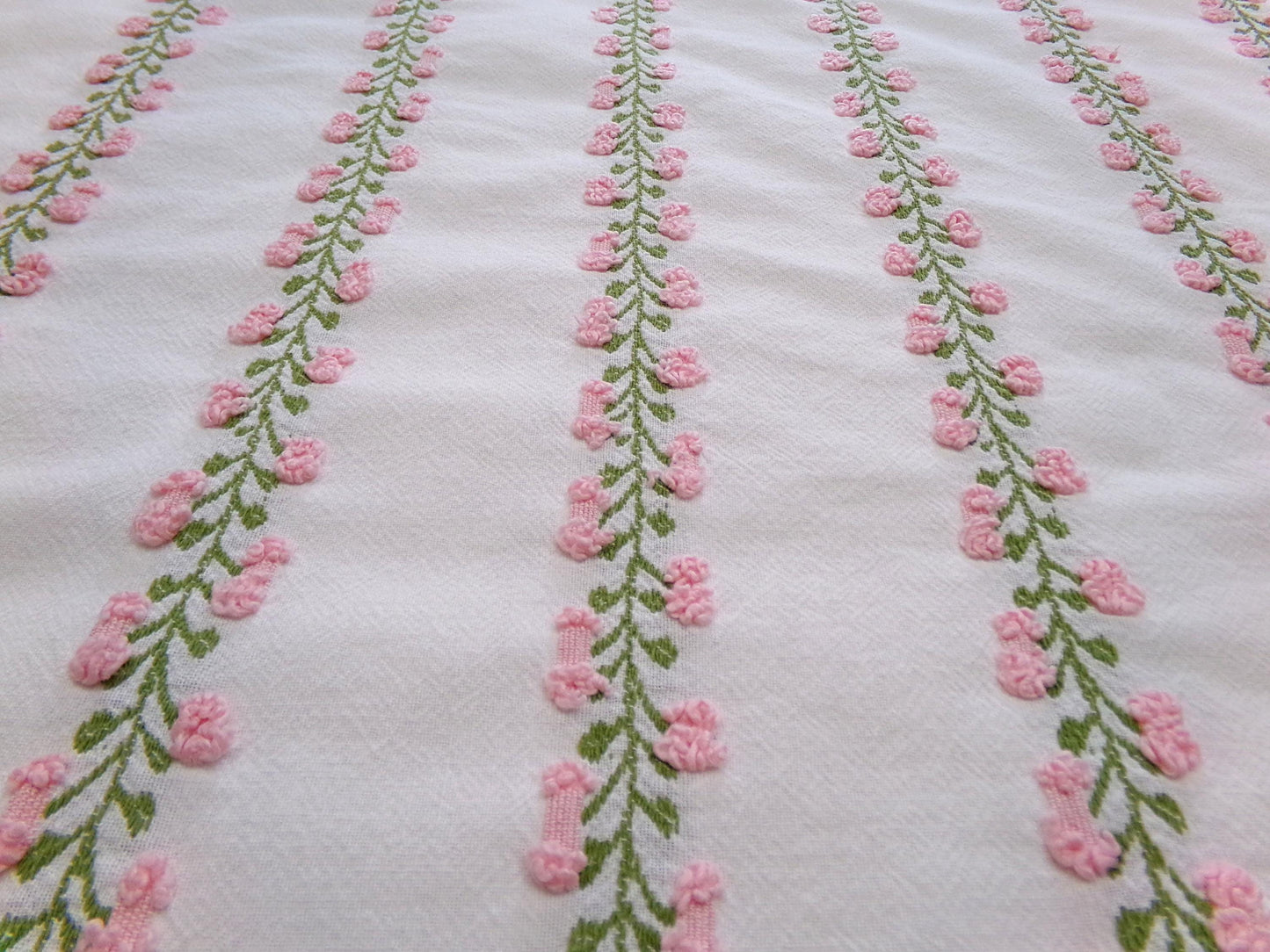 Vintage Rosebud Chenille Fabric, Pink Ivy Rose Design, 18" x 24" Piece of Lightweight Cotton Sewing & Quilting Material