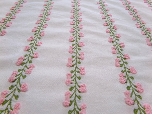 Vintage Rosebud Chenille Fabric, Pink Ivy Rose Design, 18" x 24" Piece of Lightweight Cotton Sewing & Quilting Material