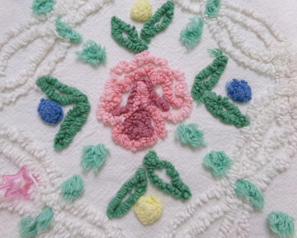 vintage chenille bedspread fabric cottage style pink rose jade green pops 26x22"