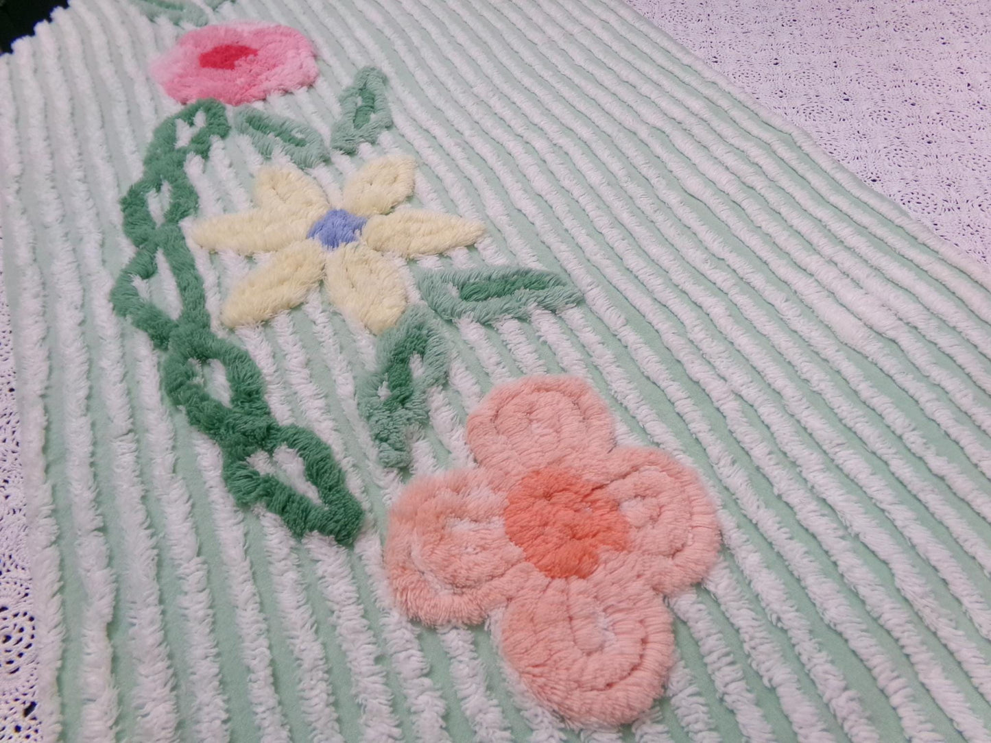 Mint Green Floral Vintage Chenille Bedspread Fabric Piece 18x33"