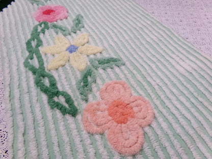 Mint Green Floral Vintage Chenille Bedspread Fabric Piece 18x33"