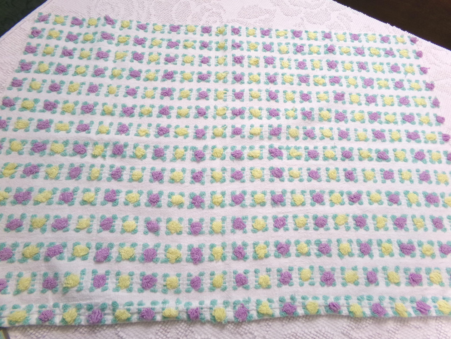 Rare Rosebud Vintage Chenille Fabric, Yellow Lilac Tufted Roses, 17x24"