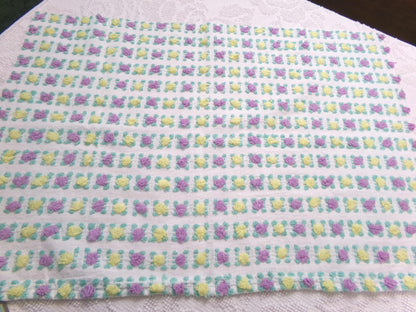Rare Rosebud Vintage Chenille Fabric, Yellow Lilac Tufted Roses, 17x24"