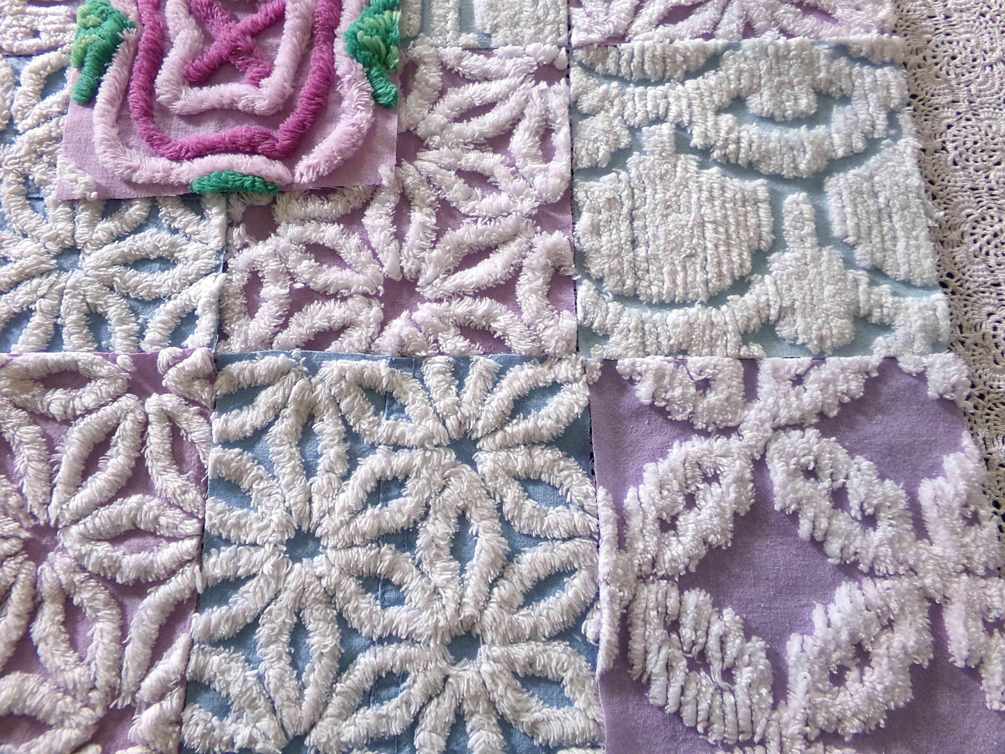 serene chenille fabric squares, dreamy blue, lilac & white, 17 vintage quilt blocks 6" x 6" inch, for pillows, quilting, crafts